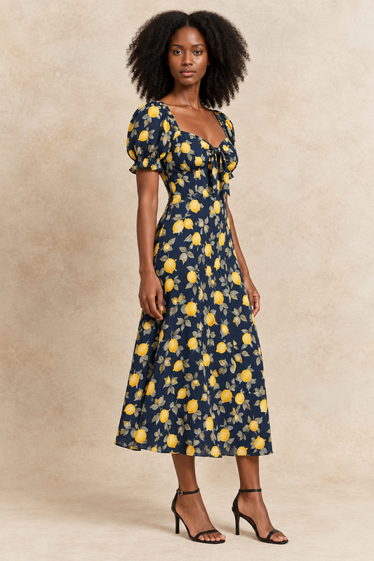 Veronica | Lemon Print Dress Short Sleeves Front Tie