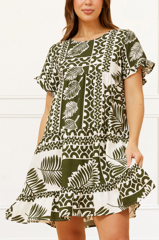 Clara White Dress Green Tropical Patchwork Ruffle Sleeves