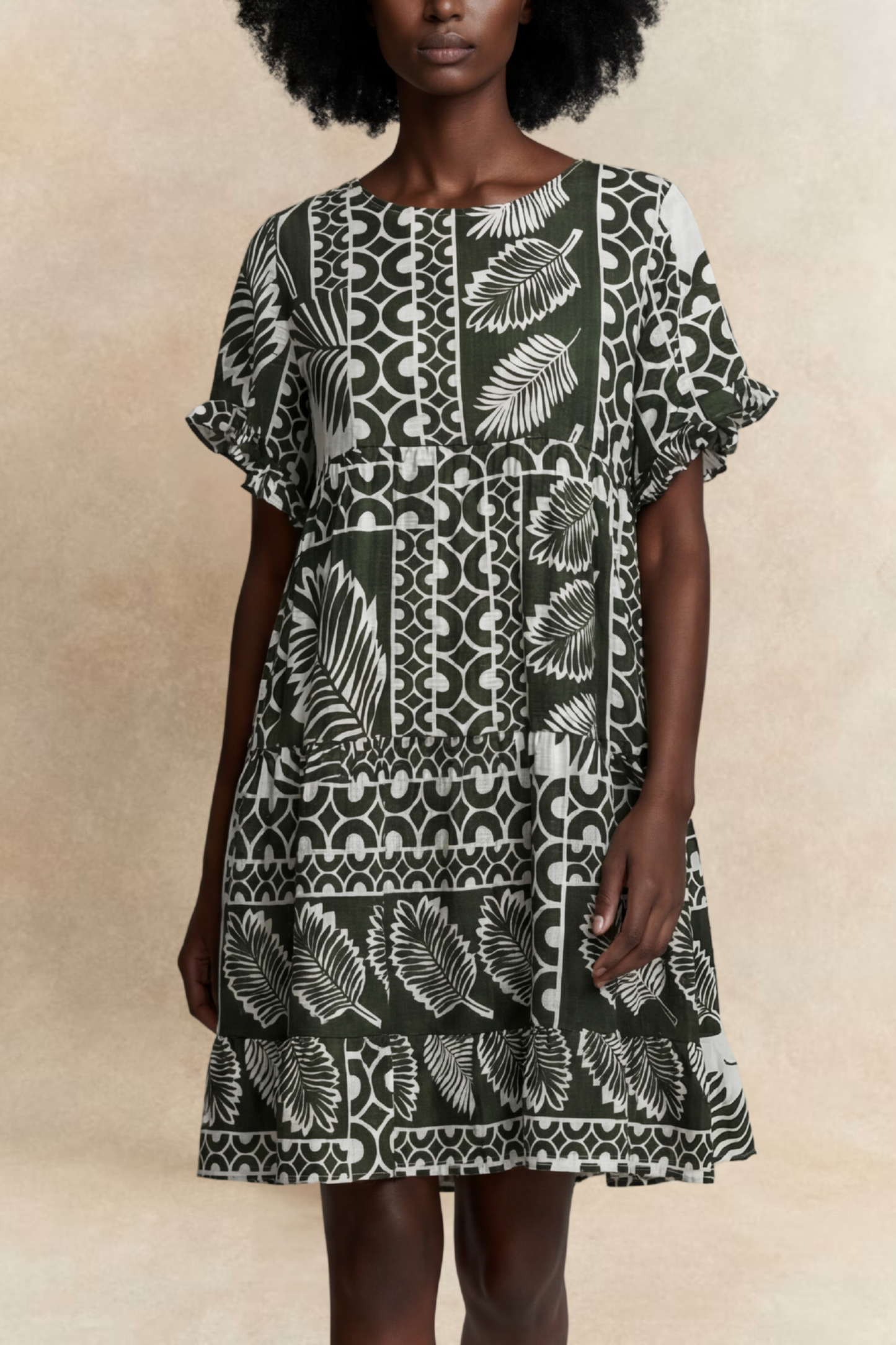 Clara White Trapeze Dress Green Tropical