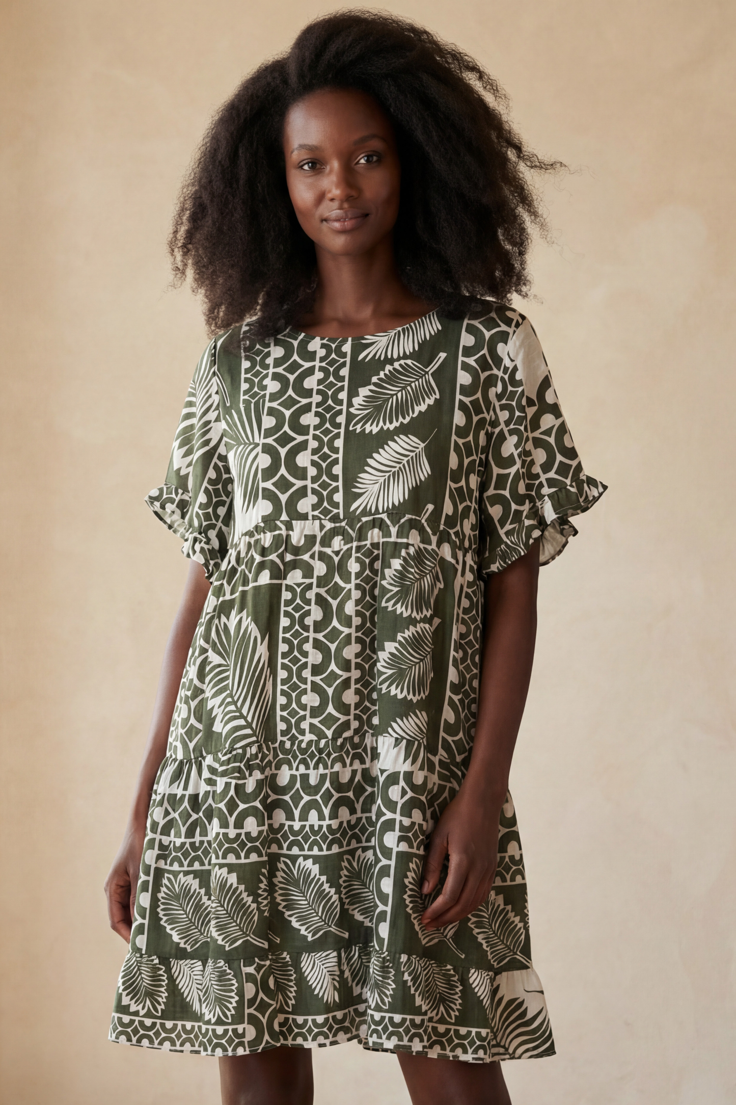 Clara White Trapeze Dress Green Tropical