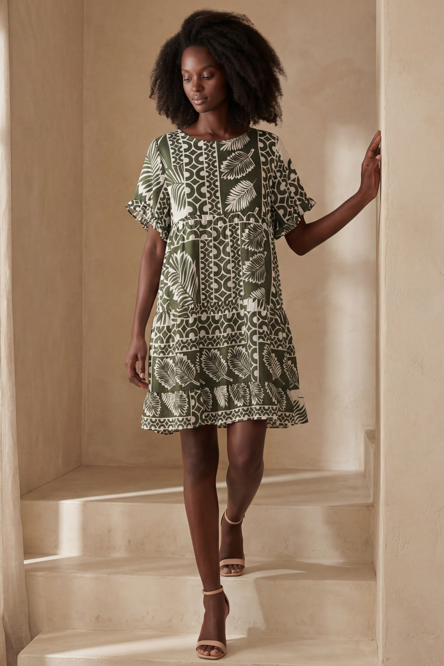 Clara White Trapeze Dress Green Tropical