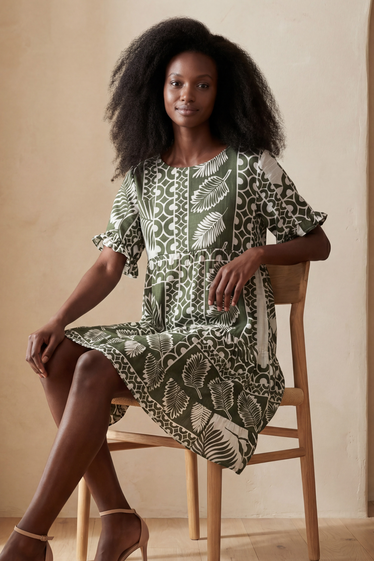 Clara White Trapeze Dress Green Tropical