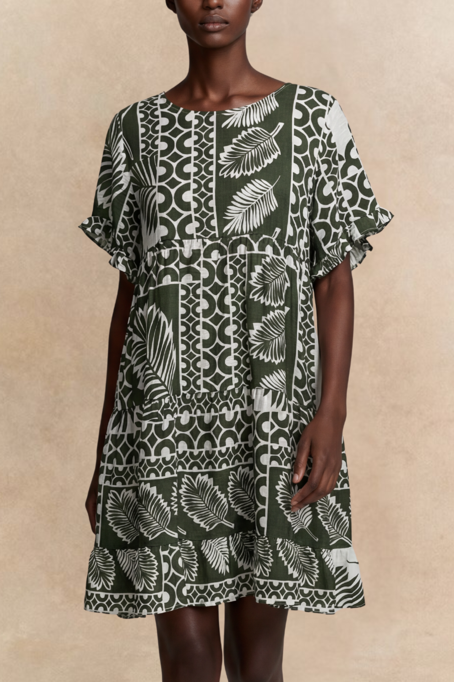 Clara White Trapeze Dress Green Tropical