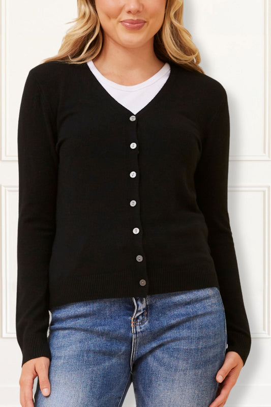 Collette Cardigan Uni Léger Boutonné Devant Manches Longues