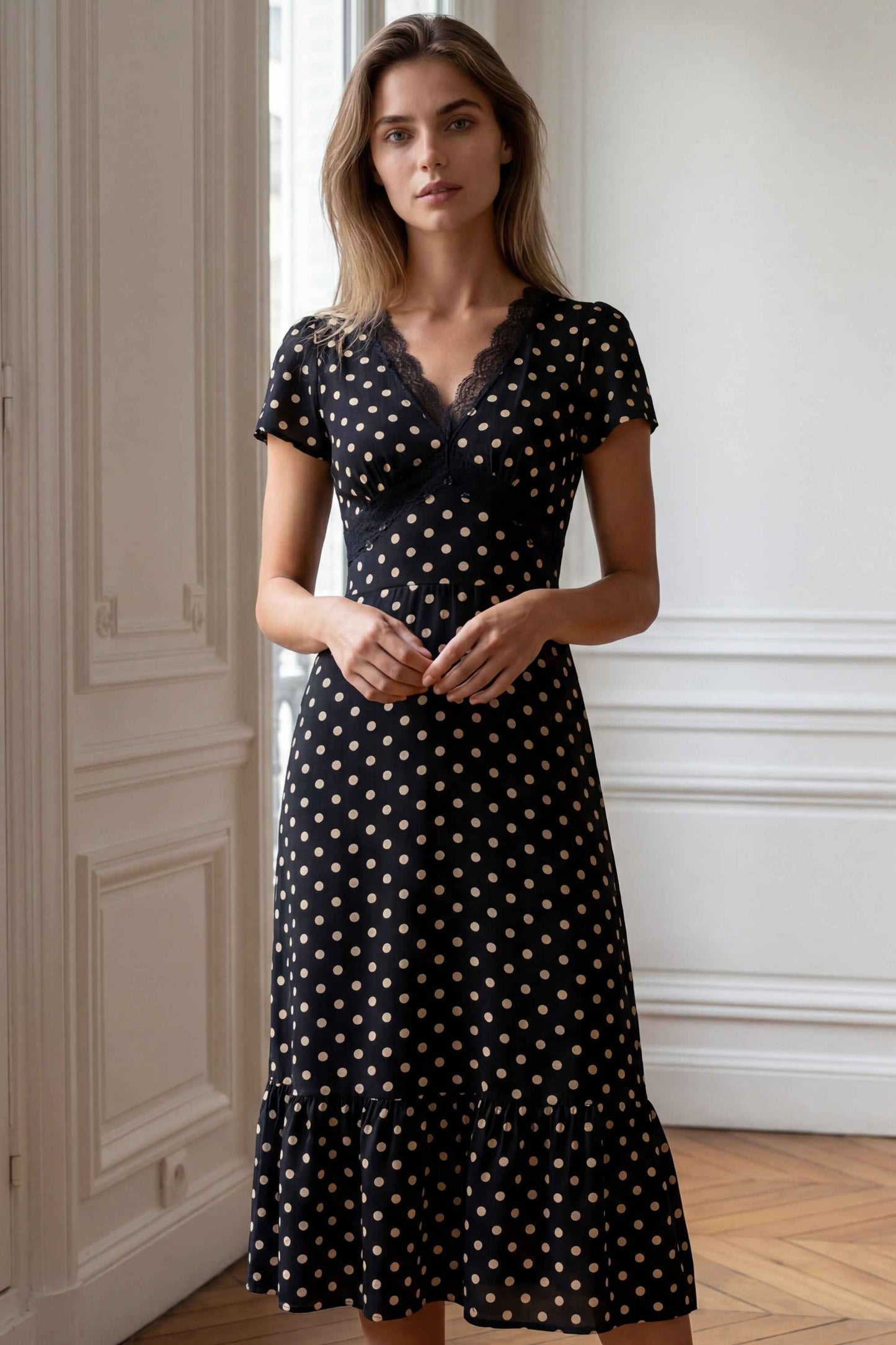 Constence Black Polka Dot Midi Dress