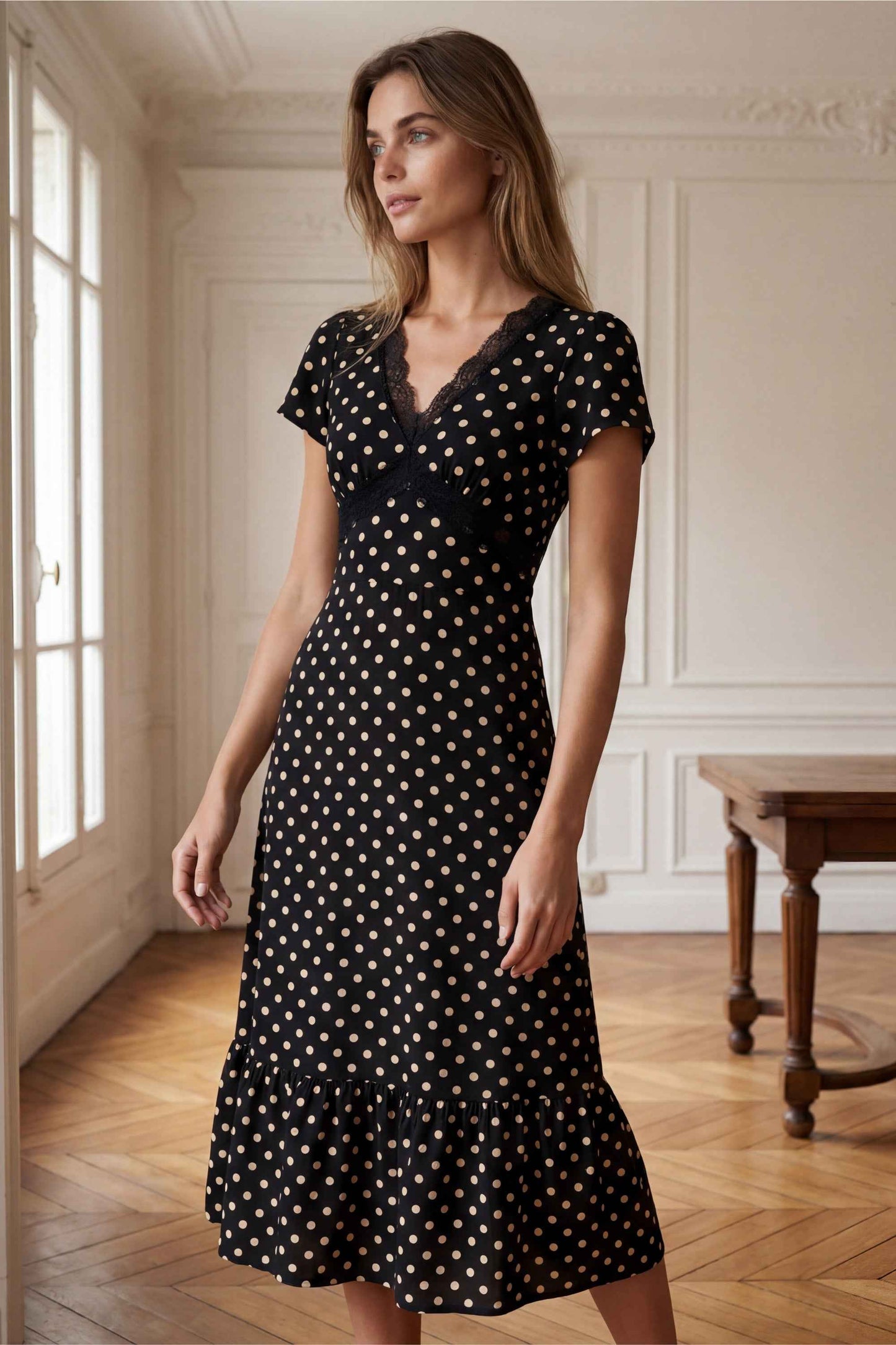 Constence Black Polka Dot Midi Dress