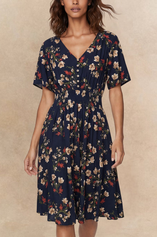 Dimi Floral Short Dress Smocked Waist Pockets