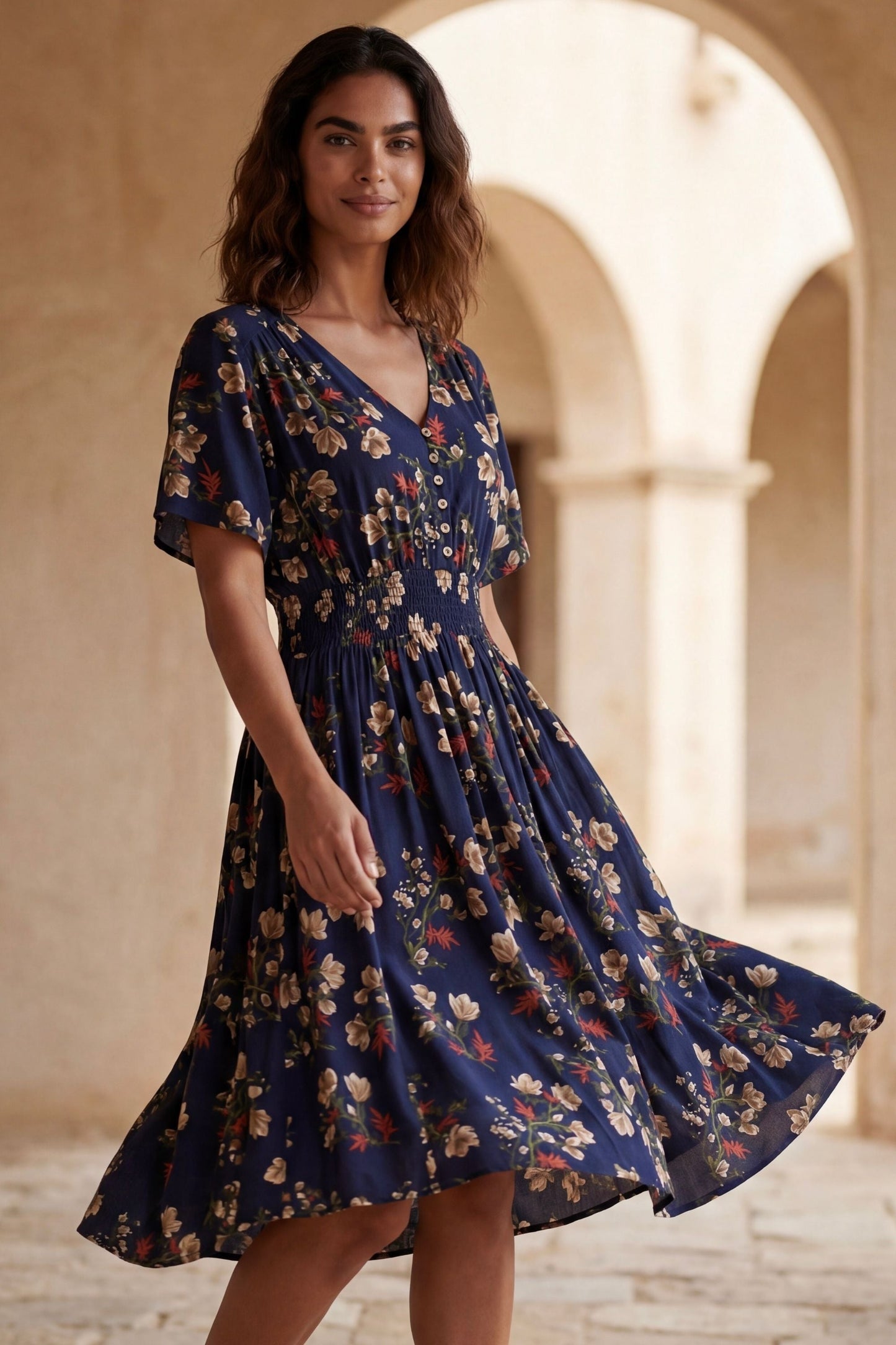 Dimi Floral Short Dress Smocked Waist Pockets