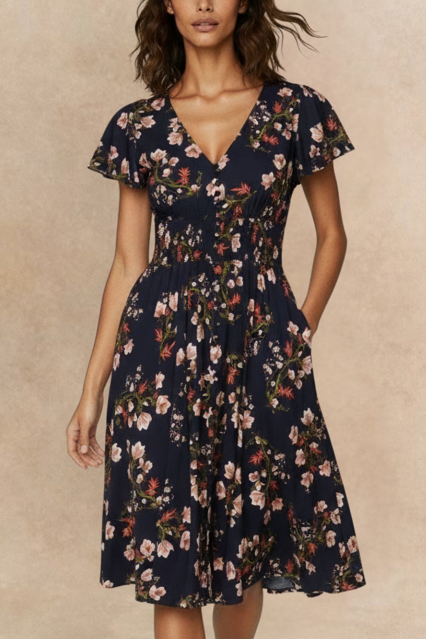 Dimi Floral Short Dress Smocked Waist Pockets