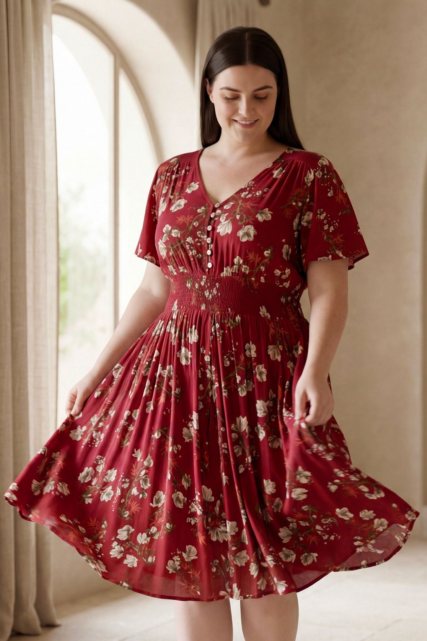 Dimi Floral Short Dress Smocked Waist Pockets