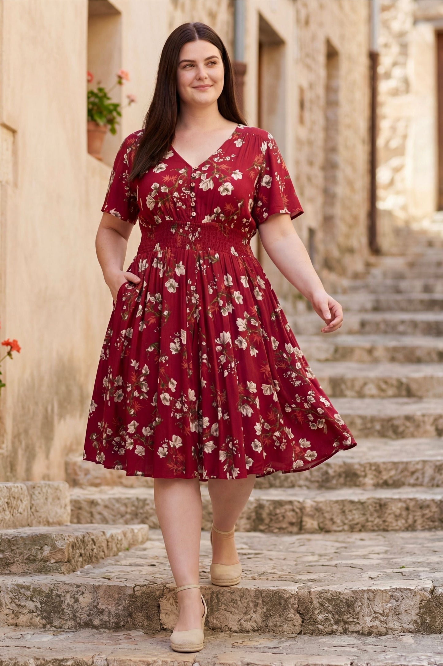 Dimi Floral Short Dress Smocked Waist Pockets