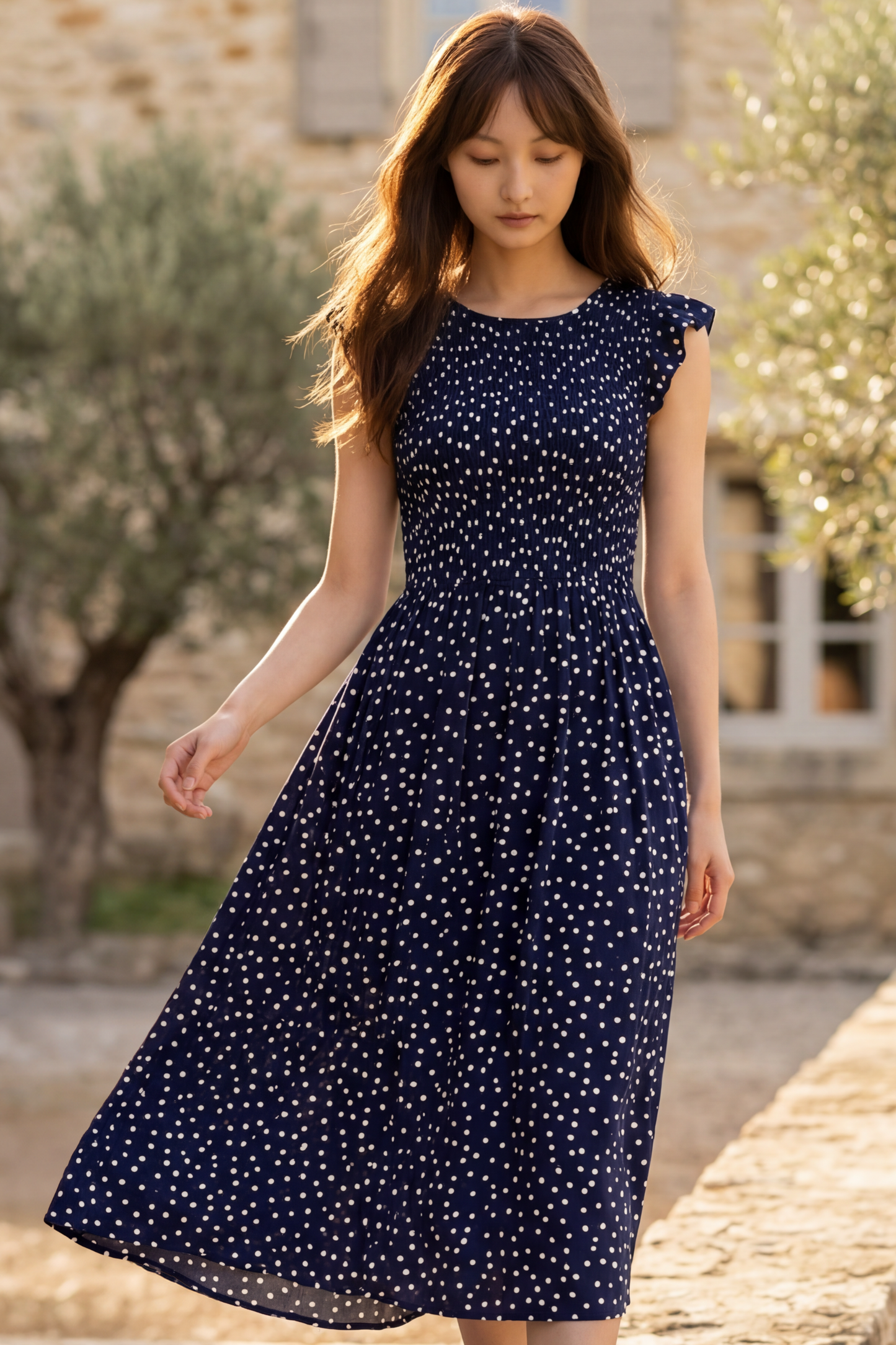Dominique Polka Dot Cap Sleeve Midi Dress