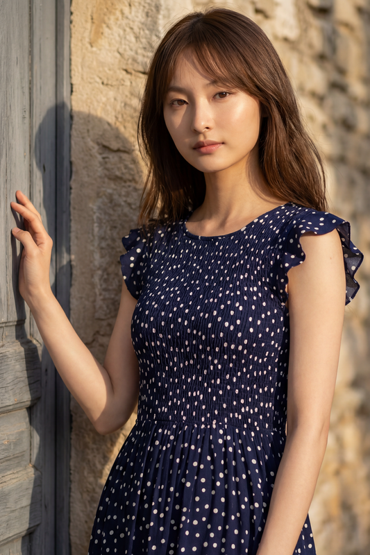 Dominique Polka Dot Cap Sleeve Midi Dress