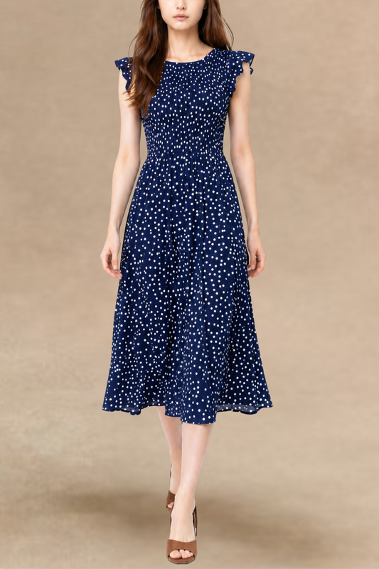 Dominique Polka Dot Cap Sleeve Midi Dress