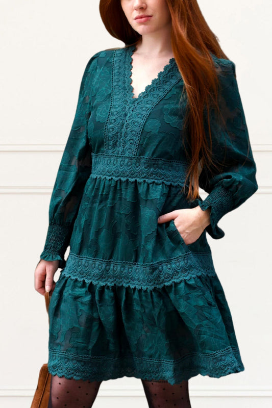 Edith Floral Lace Boho Mini Dress Long Sleeves V-Neck Detailing