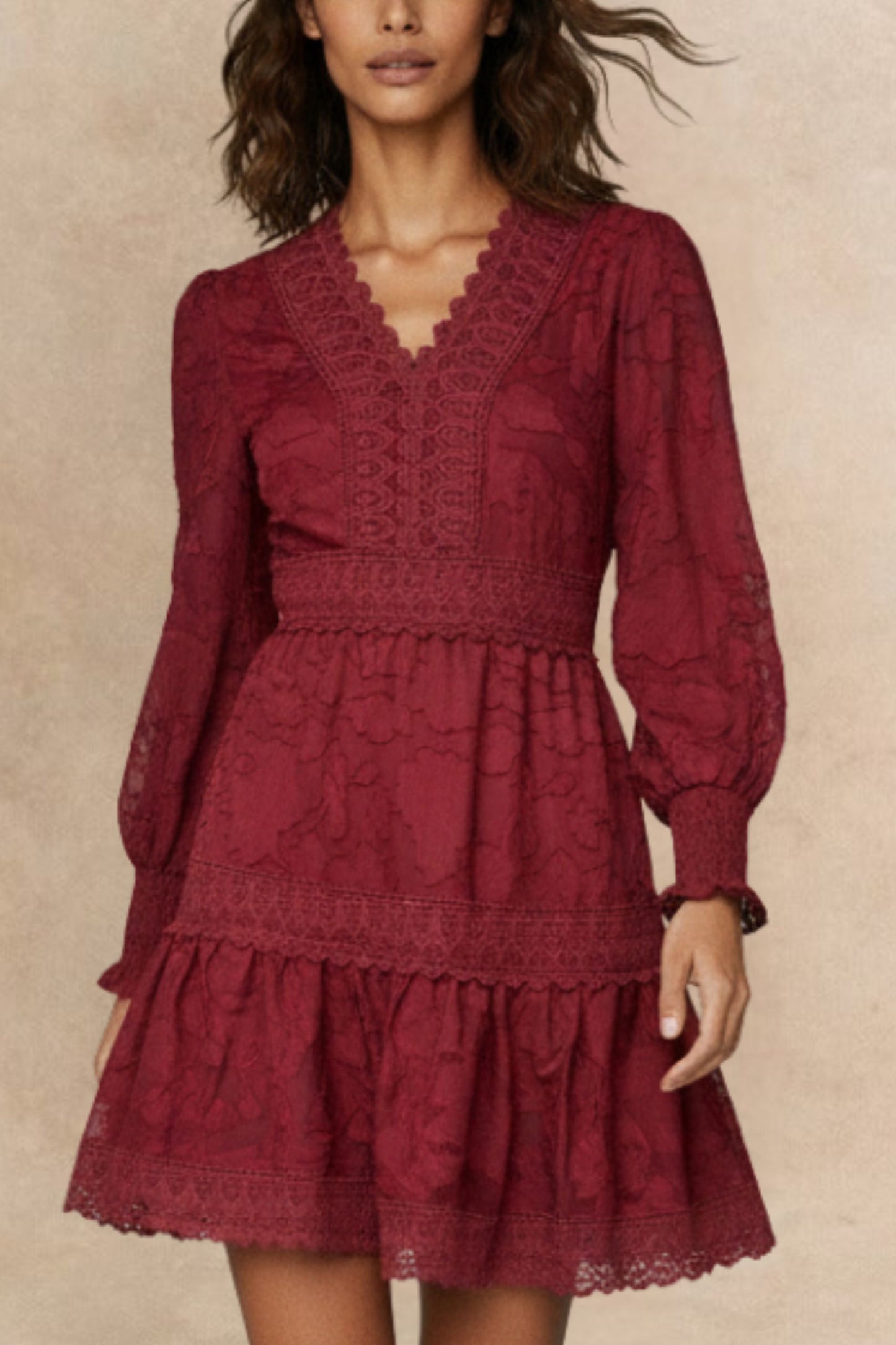Edith Floral Lace Boho Mini Dress Long Sleeves V-Neck Detailing