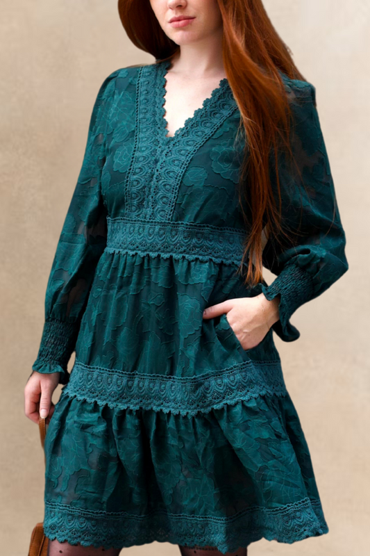 Edith Floral Lace Boho Mini Dress Long Sleeves V-Neck Detailing