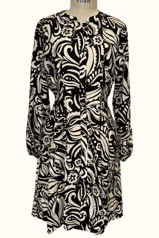 Eleanor Women's Black White Printed Dress Long Sleeves