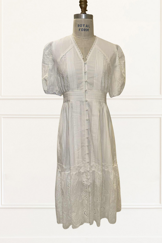 Elena White Eyelet Midi Dress Short Sleeves Button-Front Summer Style