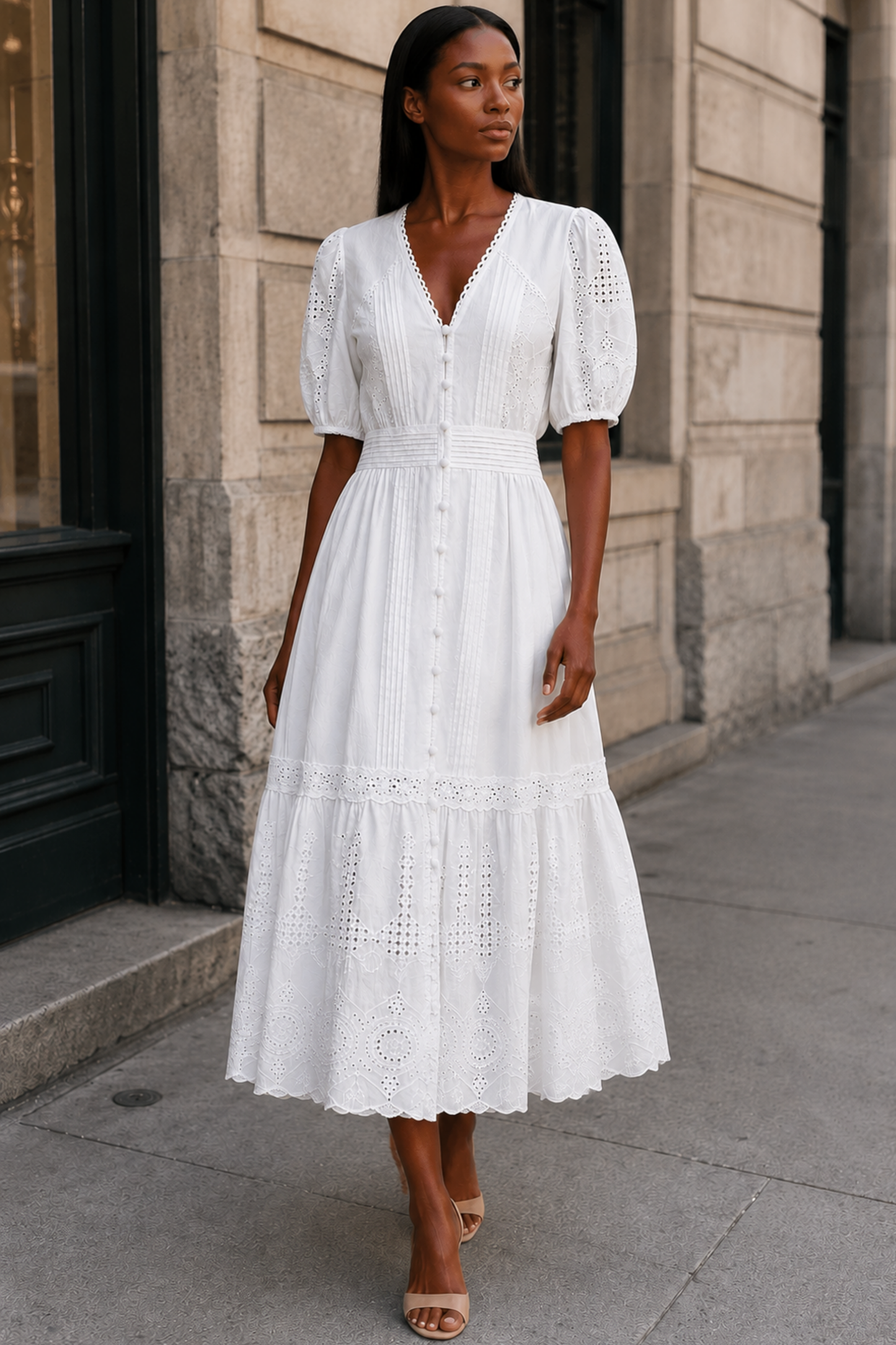 Elena White Eyelet Midi Dress