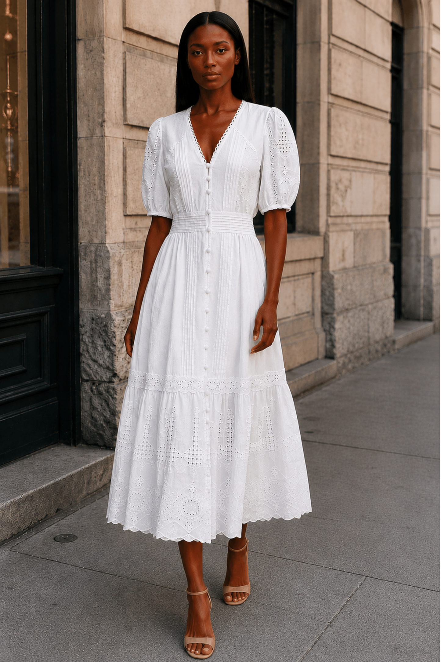 Elena White Eyelet Midi Dress