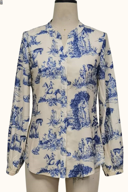 Ella Shirt Button Front Toile de Jouy Print V-Neck