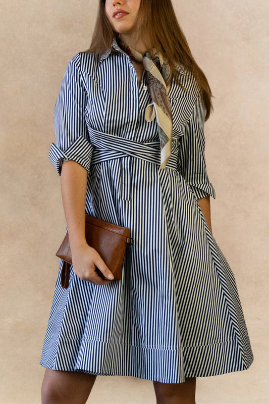 Estelle Striped Shirt Dress - 3/4 Sleeve, Button Down, Belted Waist