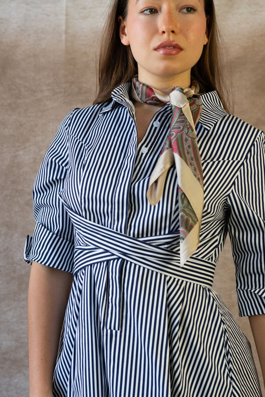 Estelle Striped Shirt Dress - 3/4 Sleeve, Button Down, Belted Waist