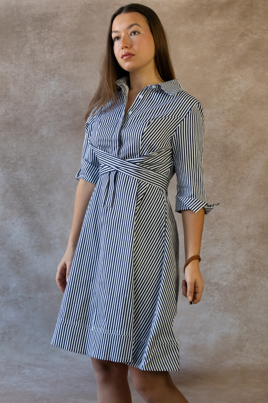 Estelle Striped Shirt Dress - 3/4 Sleeve, Button Down, Belted Waist