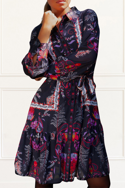Etna Women's Boho Print Black Shirt Dress Waist Tie Button Front