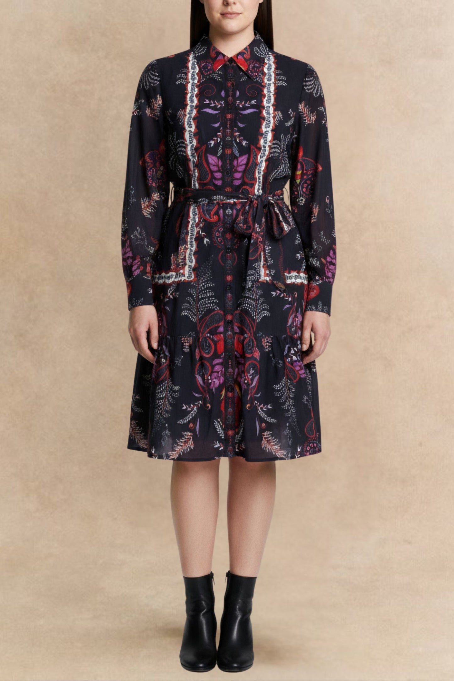 PRE-ORDER-Etna Women's Boho Print Black Shirt Dress Waist Tie Button Front