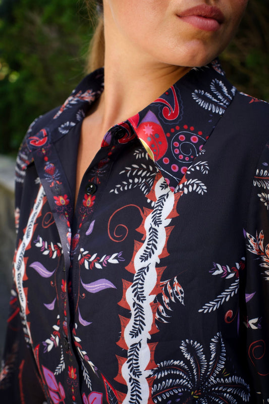 PRE-ORDER-Etna Women's Boho Print Black Shirt Dress Waist Tie Button Front