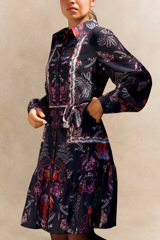 Etna Women's Boho Print Black Shirt Dress Waist Tie Button Front
