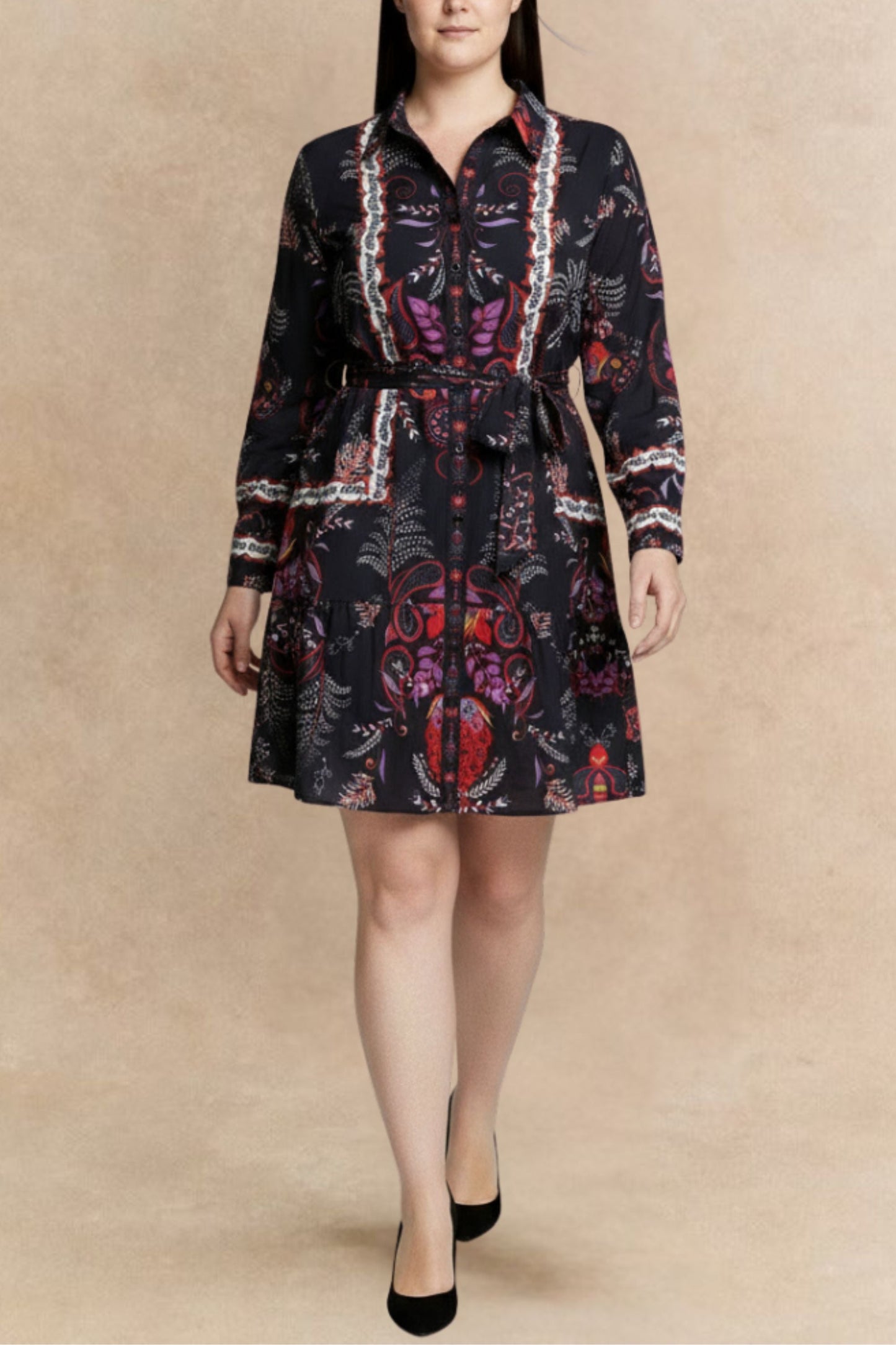 PRE-ORDER-Etna Women's Boho Print Black Shirt Dress Waist Tie Button Front