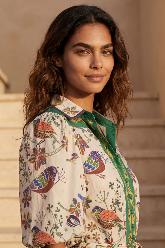 Leontine Boho Bird Print Dress Bell Sleeves Belt