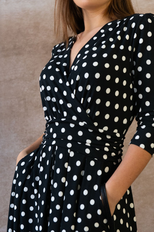 Evelyn Polka Dot Black Knit Wrap Midi Dress3/4 Sleeve V-Neck Pockets