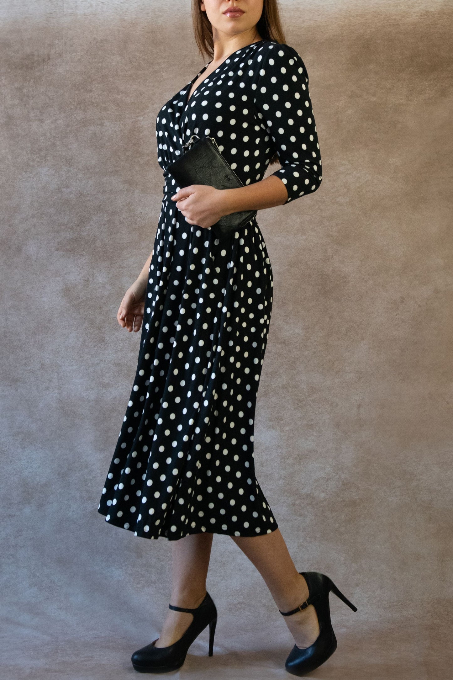 Evelyn Polka Dot Wrap Midi Dress 3/4 Sleeve V-Neck Pockets Elegant