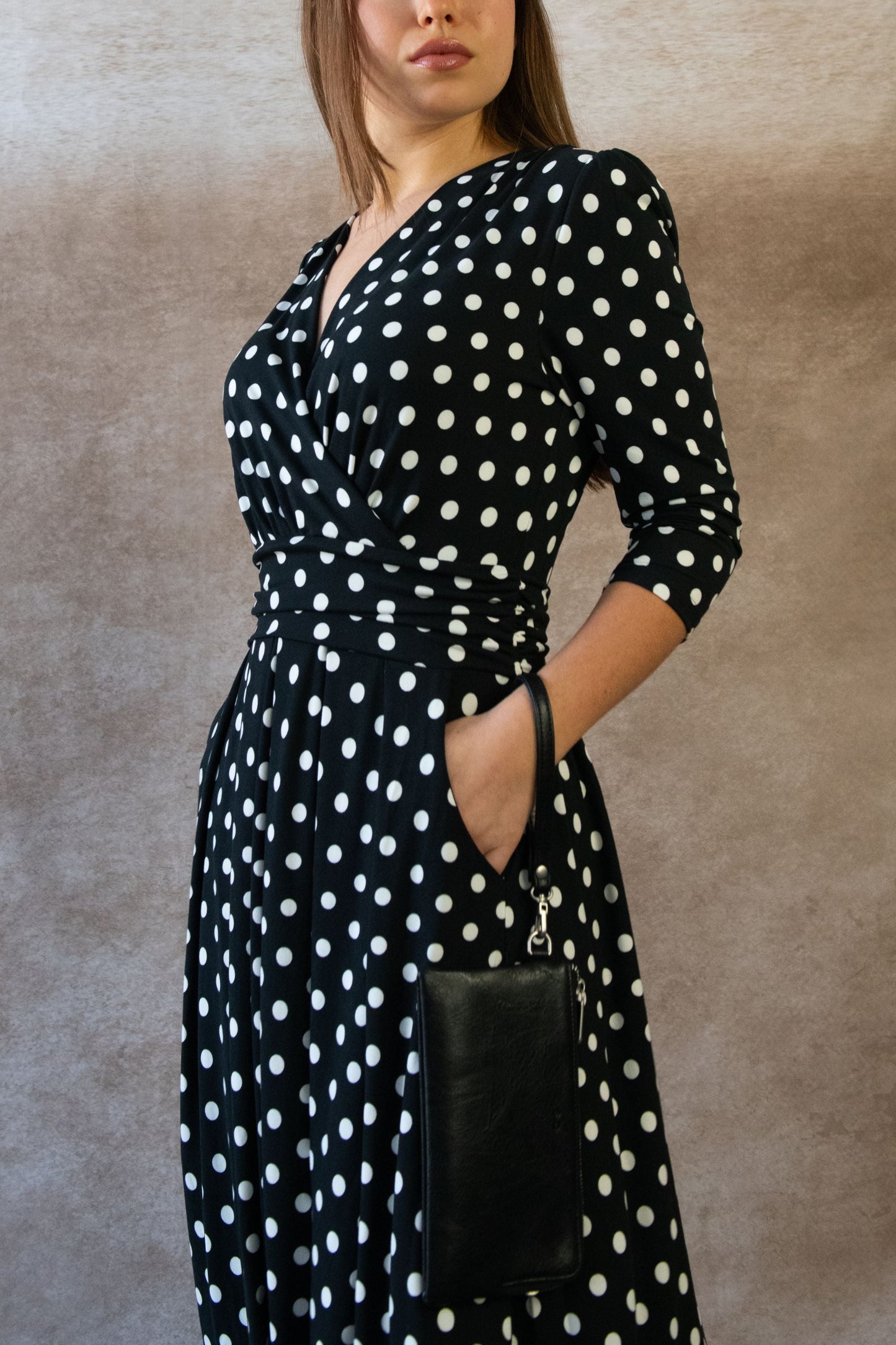 Evelyn Polka Dot Stretch Wrap Midi Dress