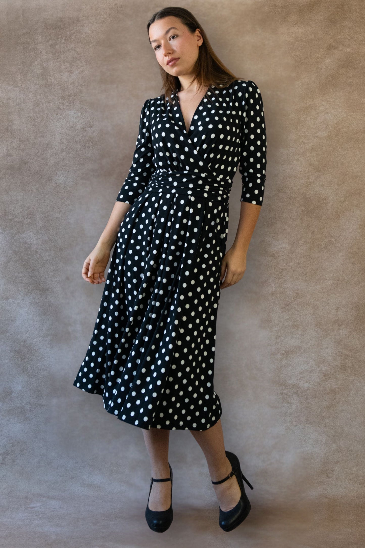 Evelyn Polka Dot Stretch Wrap Midi Dress