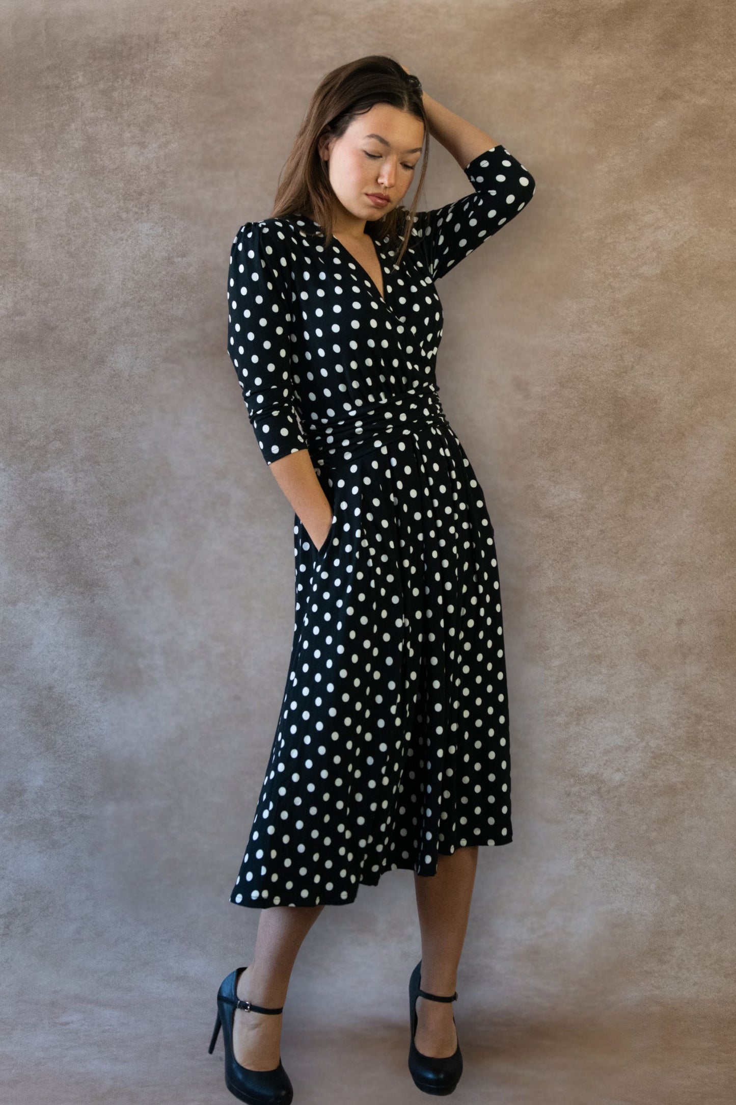 Evelyn Polka Dot Wrap Midi Dress 3/4 Sleeve V-Neck Pockets Elegant