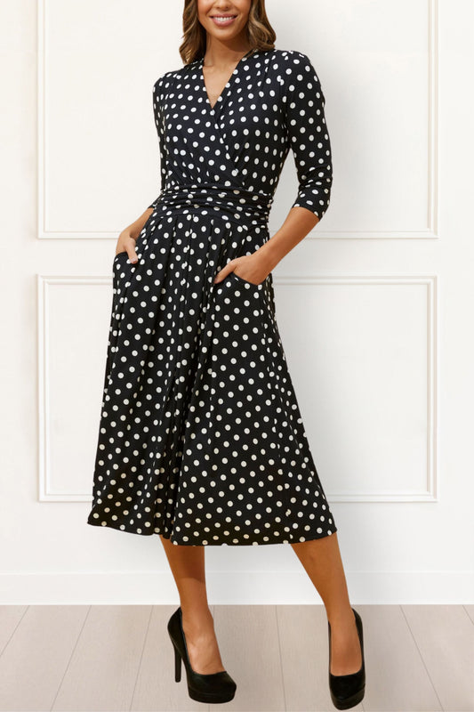 Evelyn Women's Polka Dot Wrap Dress – Vintage 1950s Style, Midi Length, 3/4 Sleeve, Elegant - Onze Montreal XS / Black Annick