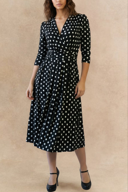 Evelyn Polka Dot Stretch Wrap Midi Dress