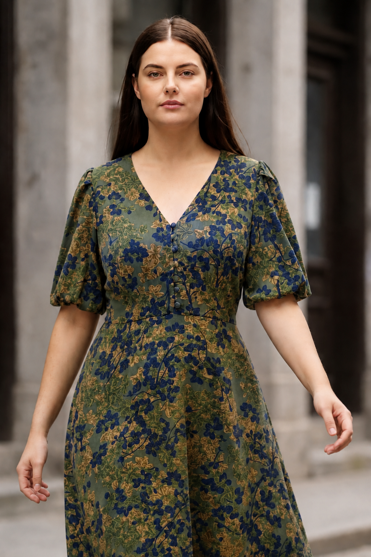 Robe verte fleurie Fleur coupe évasée