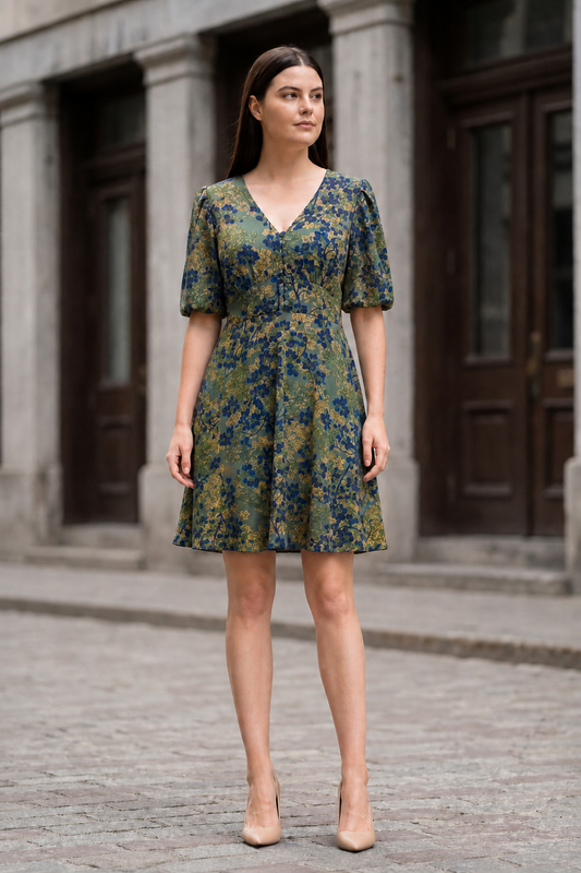 Fleur Green Floral Fit & Flare Dress