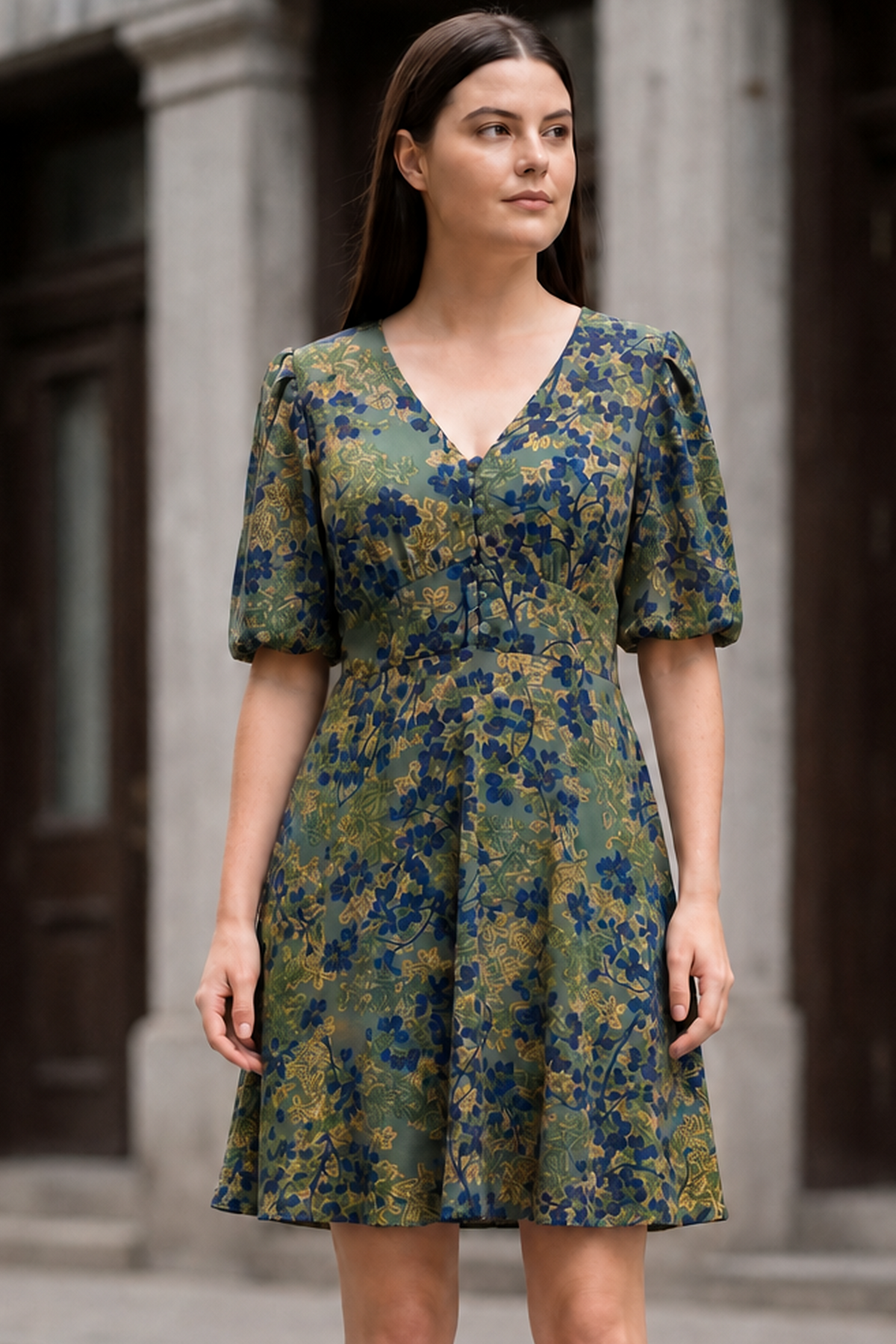 Robe verte fleurie Fleur coupe évasée