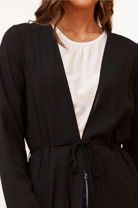 Fanny Long Woven Cover-Up Maxi Cardigan Open Tie Front - Onze Montreal Black / XS Annick