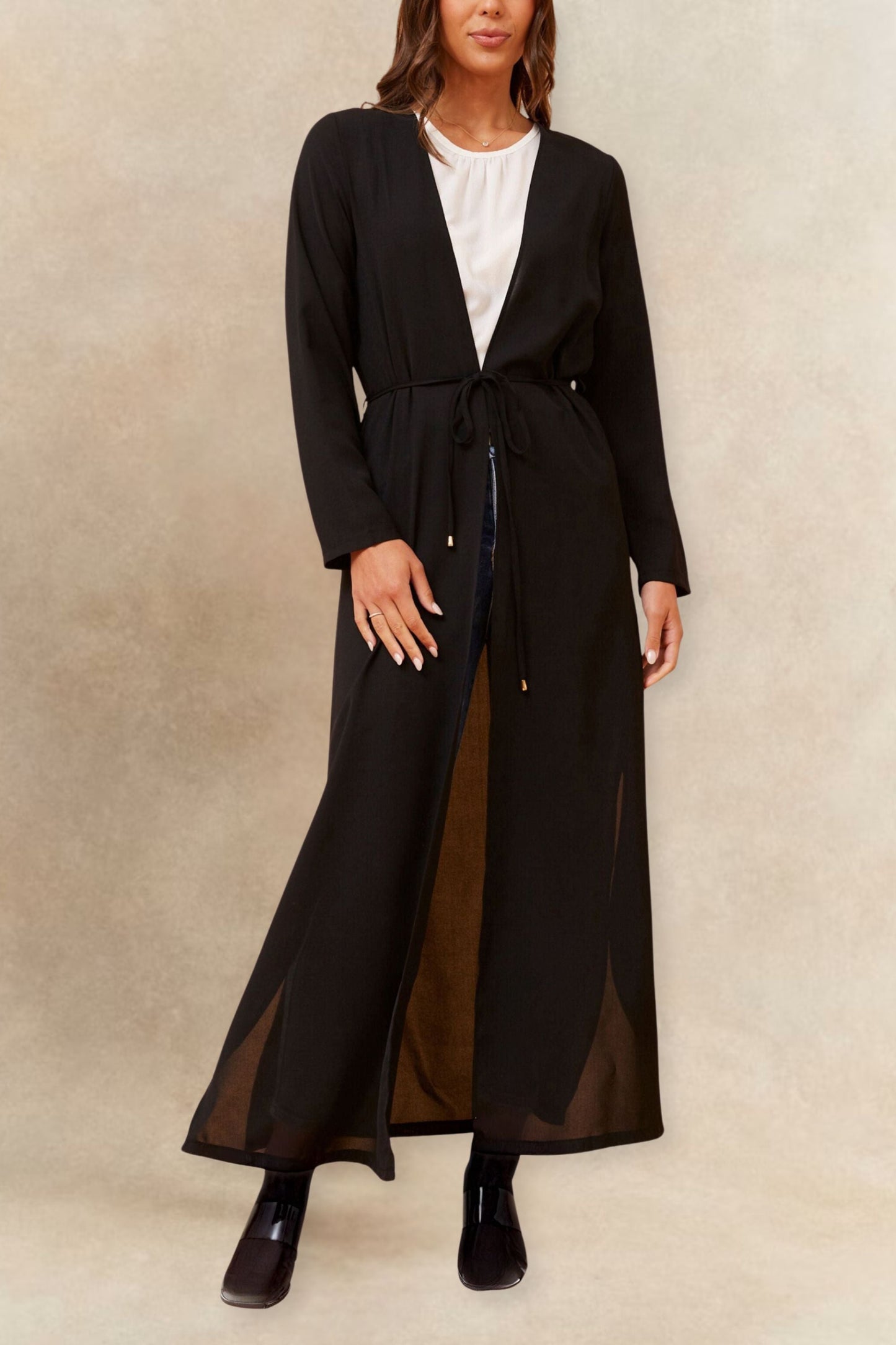 Fanny Long Woven Cover-Up Maxi Cardigan Open Tie Front