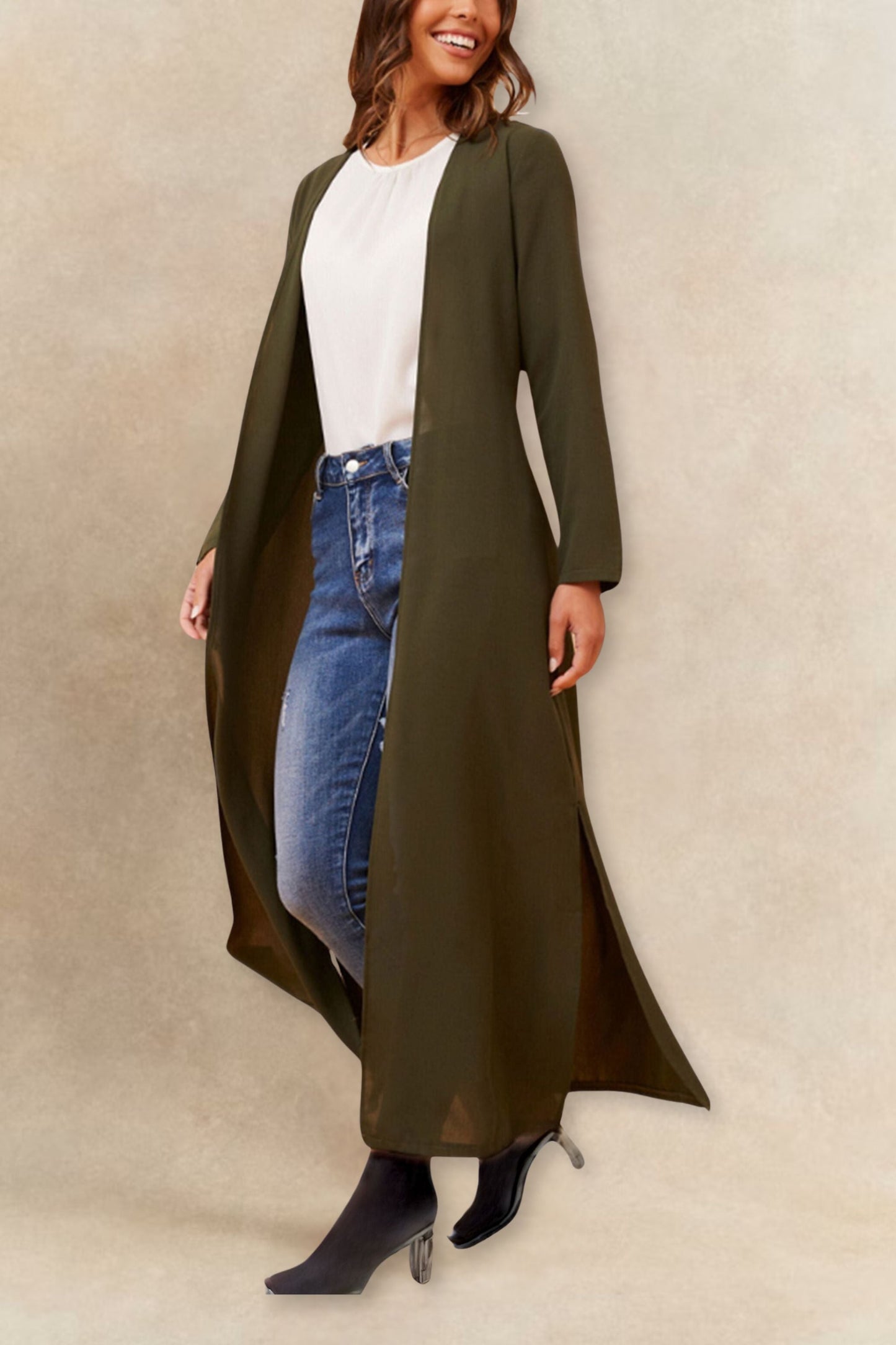 Fanny Long Woven Cover-Up Maxi Cardigan Open Tie Front