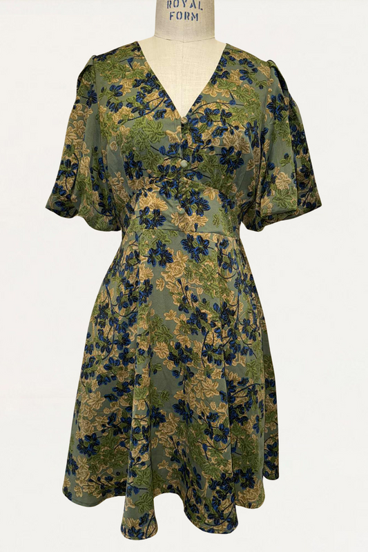Fleur Green Floral Fit and Flare Dress Flowy Sleeves
