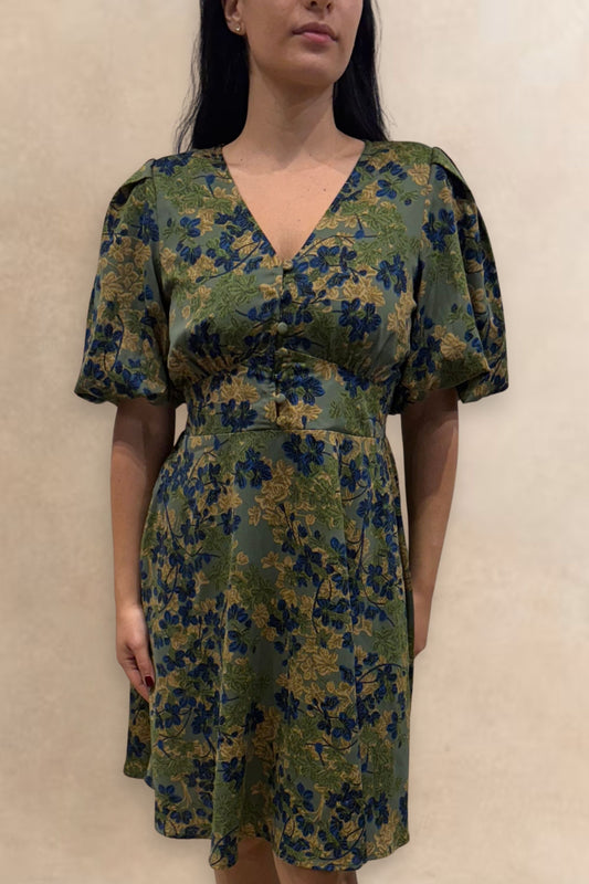 Fleur Green Floral Fit and Flare Dress Flowy Sleeves